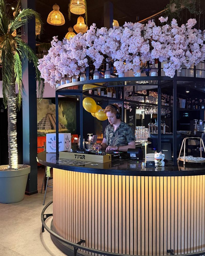 DJ achter de Pioneer-set op een ronde bar